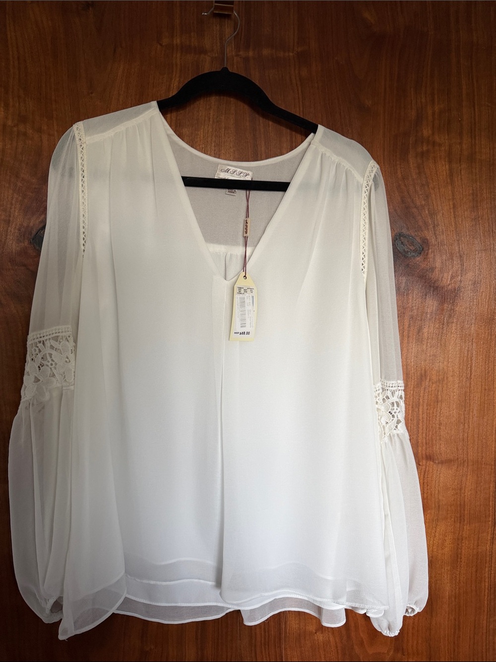 BNWT Women's MSSP Ivory Boho LS Lace Detailing Large Dual Layer Blouse NICE!